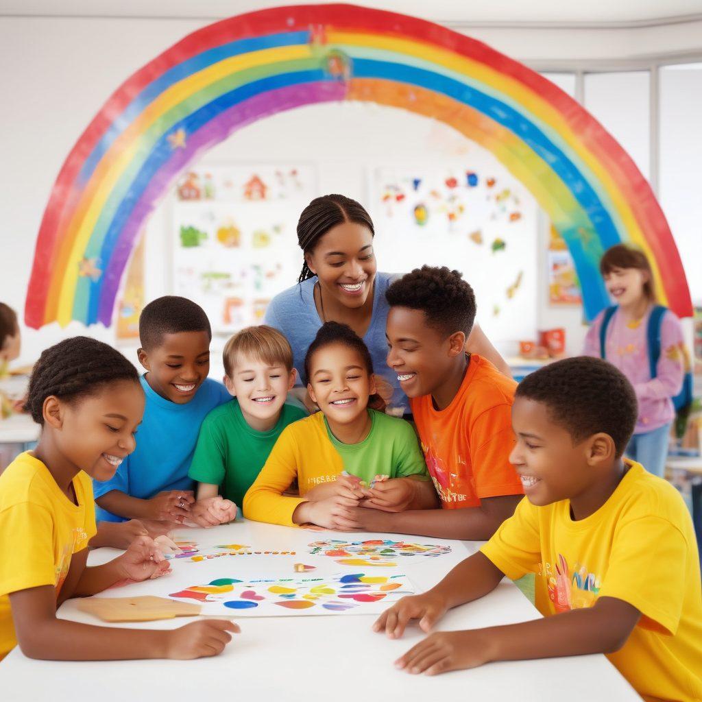 A heartwarming scene depicting diverse children with autism engaging in various supportive activities, surrounded by uplifting symbols like rainbows and sunshine. Show teachers giving encouragement, friends sharing smiles, and colorful educational tools in a vibrant classroom setting, representing positive emotions and empowerment. Soft, warm colors to evoke feelings of hope and joy. super-realistic. vibrant colors. white background.