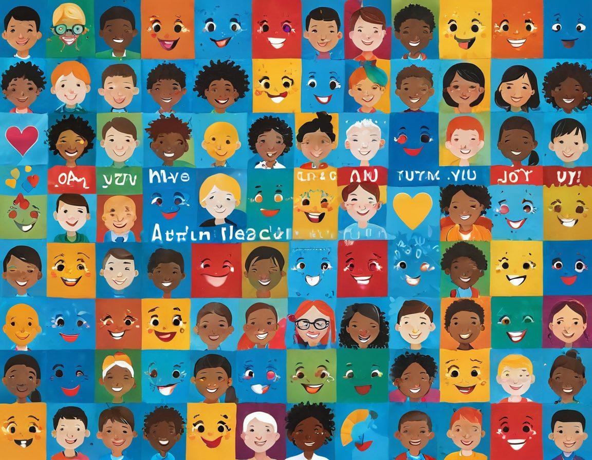 A vibrant collage of diverse faces showcasing a range of joyful facial expressions, surrounded by colorful symbols representing emotional wellbeing and advocacy for autism. Include elements like puzzle pieces, hearts, and uplifting words in various languages, all set against a calming blue background. The scene should be inspiring and inclusive, reflecting the themes of joy, understanding, and support. super-realistic. vibrant colors. uplifting atmosphere.