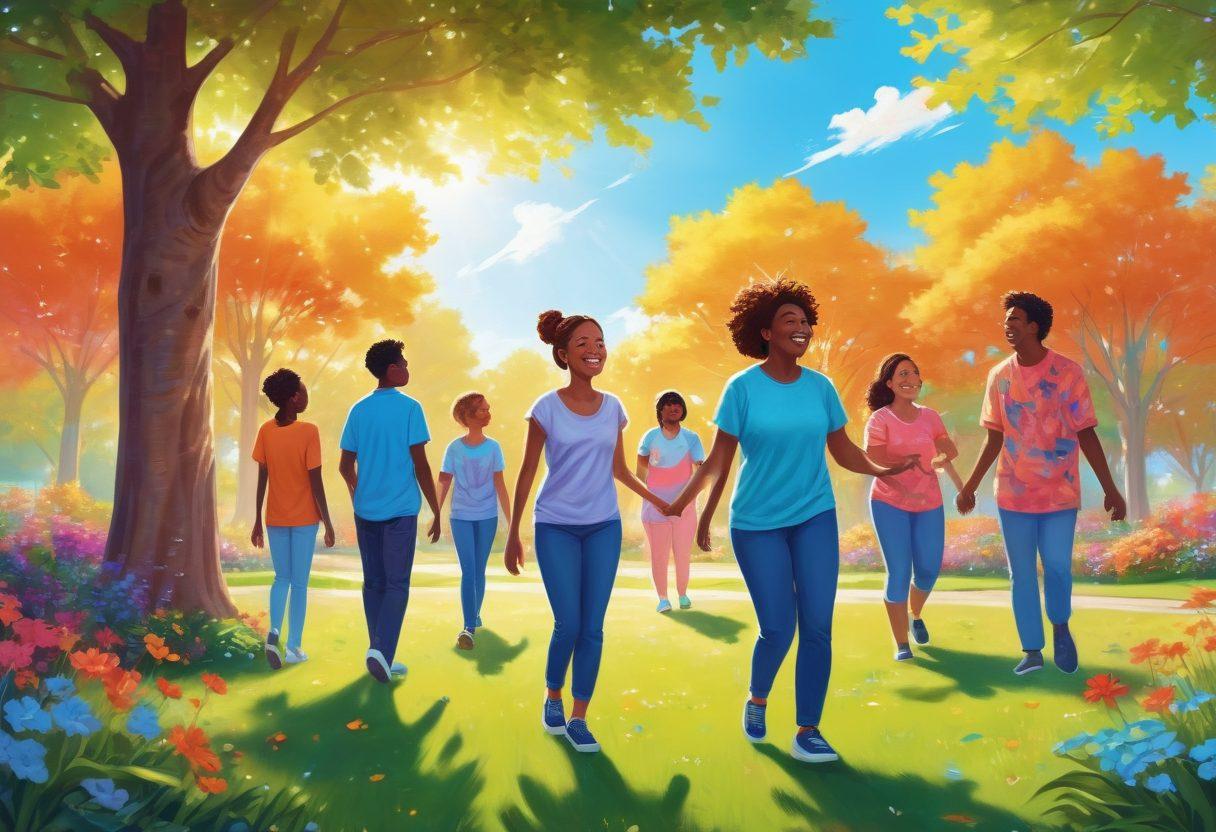 A vibrant illustration of a diverse group of smiling individuals from the autism community, engaging in joyful activities like art and music, set in a sunny park filled with trees and colorful flowers. The scene should radiate warmth, connection, and positivity, showcasing the beauty of emotional wellbeing. Include soft sunlight filtering through the leaves and a bright blue sky. super-realistic. vibrant colors. uplifting atmosphere.